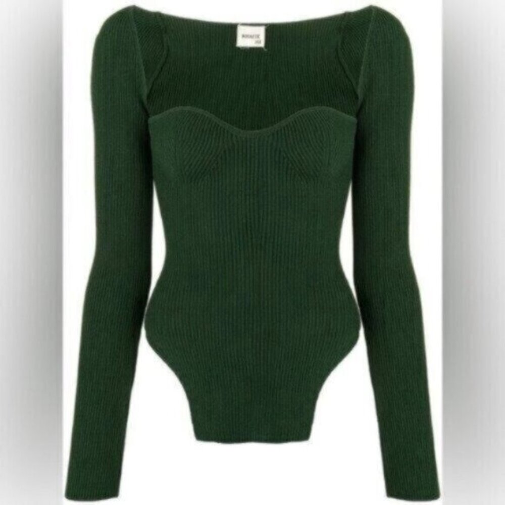 KHAITE Maddy Emerald Green Ribbed Knit Bustier Sweetheart Neckline Top Size M - Picture 3 of 13